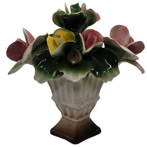 Vintage Nuova Capodimonte Large Porcelain Basket of Pink Yellow Flowers Italy